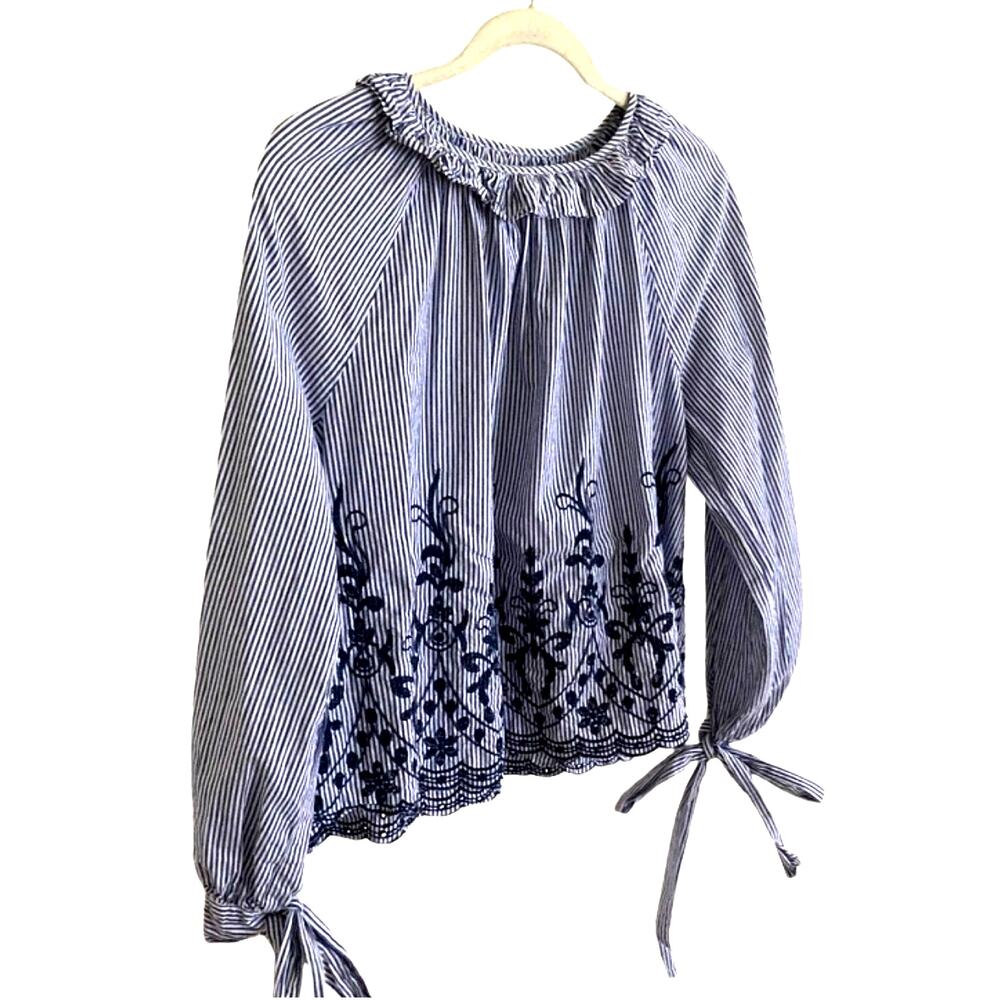 Maison Jules Embroidered Stripe Cotton Blouse, Size Medium